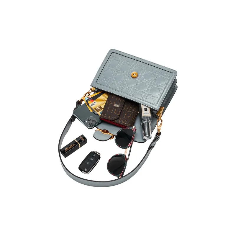 Hush Puppies Top Grain Cow Leather Small Square Bag, Crossbody Bag, Shoulder Bag Medium Size Women's Gunmetal-12