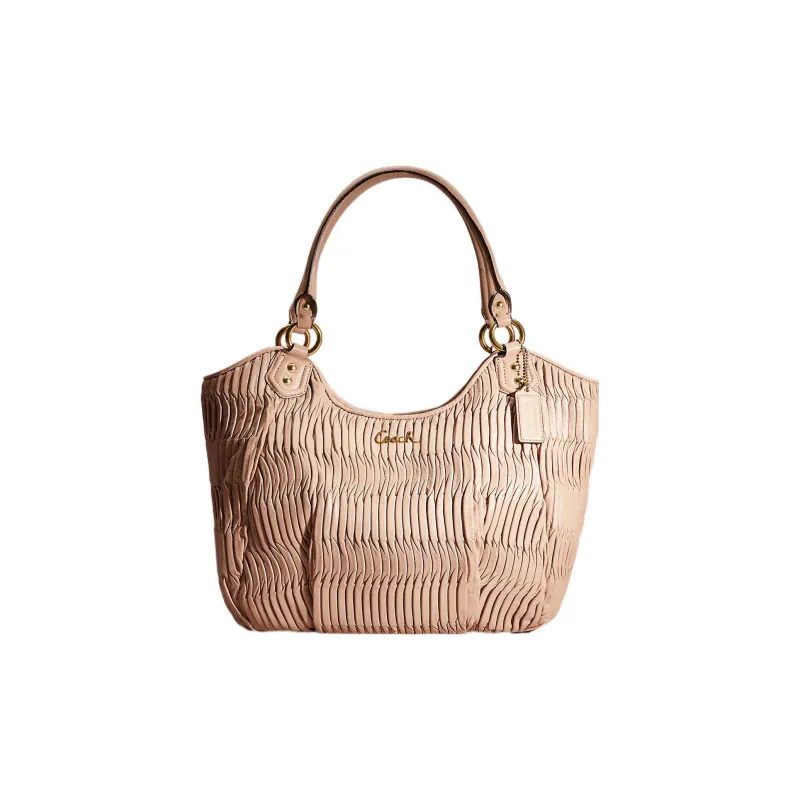 COACH Ashley Pleated Leather Handbag Shoulder Bag Large Size Women's Beige-0