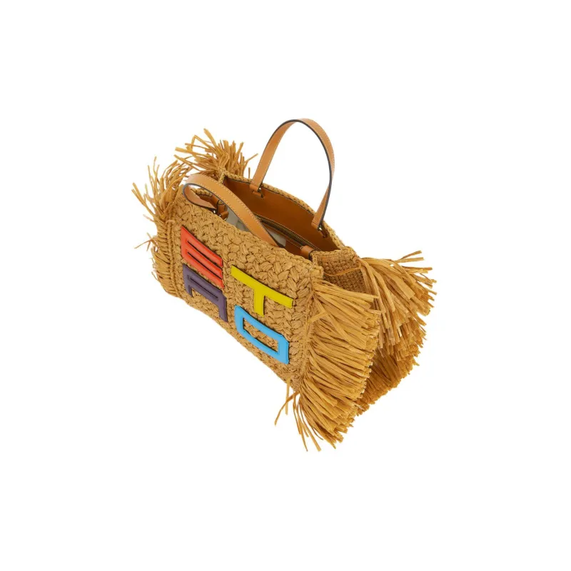 ETRO Raffia With Leather Tote Bag Shopping Bag Portable Crossbody Bag Shoulder Bag Women's Multicolor-3