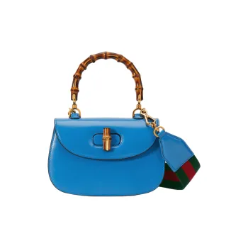 GUCCI Bamboo 1947 Leather Shoulder Bag Crossbody Bag Handbag Small Size Women's Blue