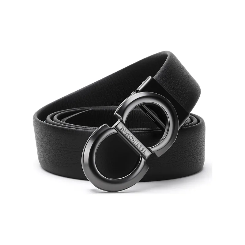 ELLE HOMME Men's Belt Genuine Leather Plate Buckle Horse Shoe Buckle Cow Leather Belt Men's Black Width 3.4cm-1