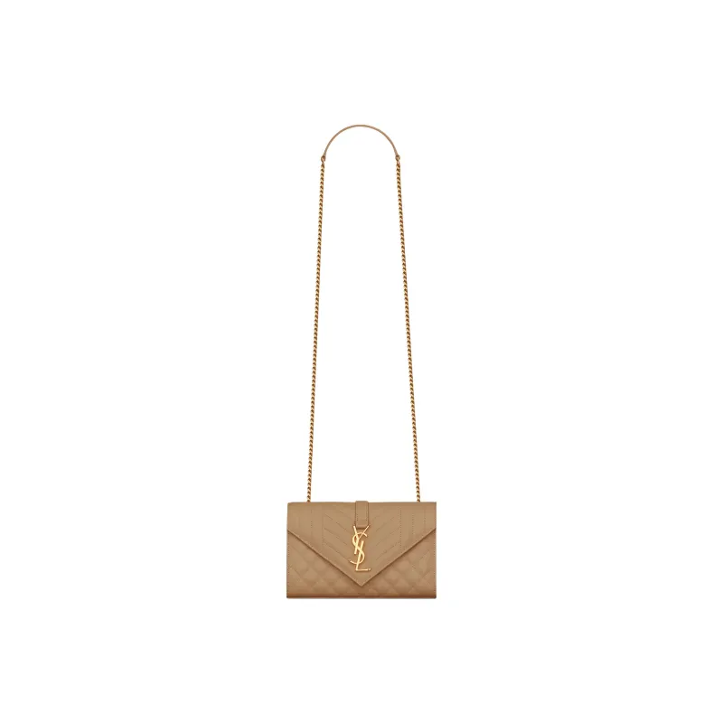 SAINT LAURENT Grained Embossed Leather Envelope Bag Shoulder Bag Crossbody Bag Small Size Women's Taupe-1