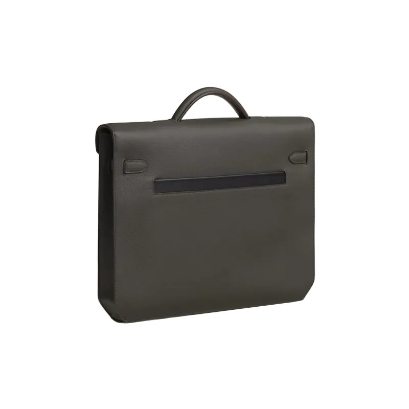 HERMES Kelly Depeches Cow Leather Briefcases Handbags Men's Jungle Green Black/Light Tawny-2