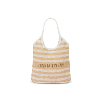 MIU MIU Maritime Linen With Calfskin Tote Bag Shopping Bag Shoulder Bag Handbag Women's White & Brown