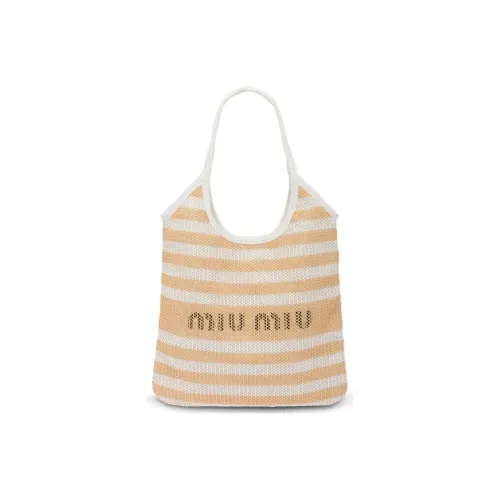 MIU MIU Maritime Linen With Calfskin Tote Bag Shopping Bag Shoulder Bag Handbag Women's White & Brown