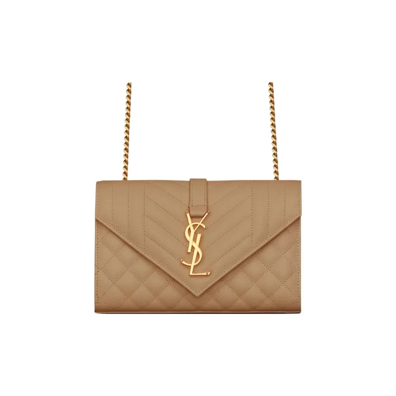 SAINT LAURENT Grained Embossed Leather Envelope Bag Shoulder Bag Crossbody Bag Small Size Women's Taupe-0