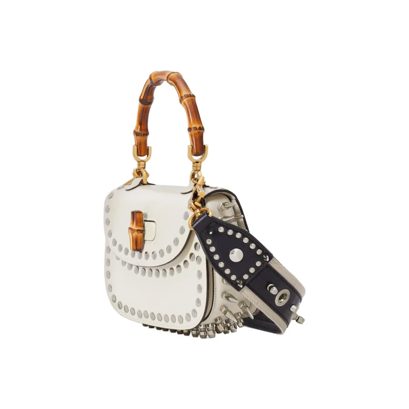 GUCCI Bamboo 1947 Leather Shoulder Bag Crossbody Bag Handbag Small Size Women's White-1