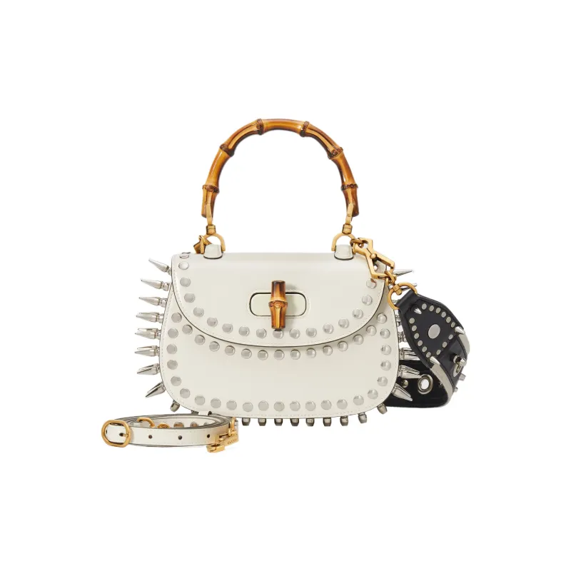 GUCCI Bamboo 1947 Leather Shoulder Bag Crossbody Bag Handbag Small Size Women's White-2