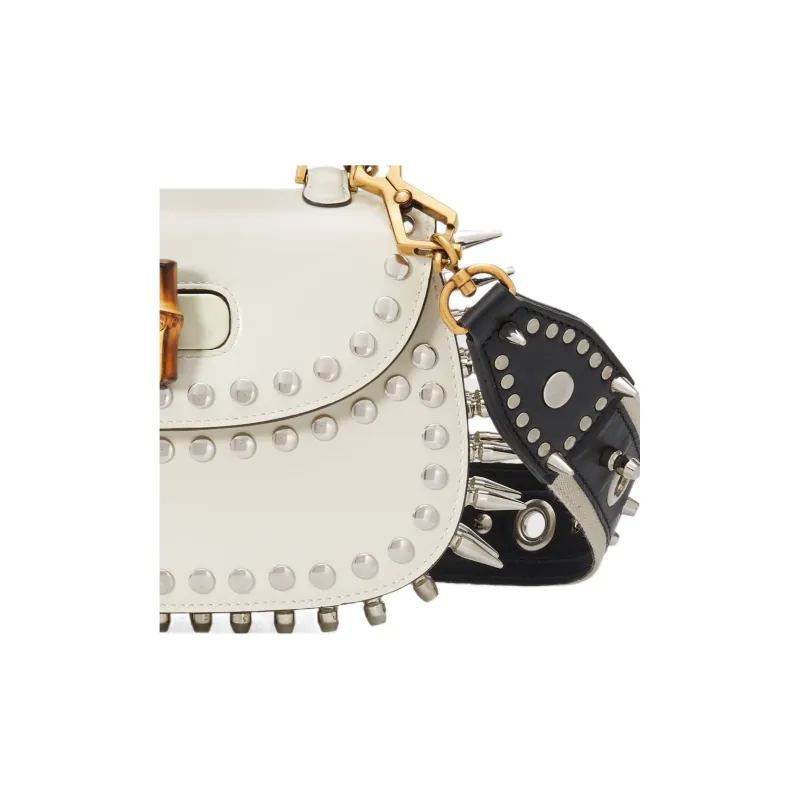 GUCCI Bamboo 1947 Leather Shoulder Bag Crossbody Bag Handbag Small Size Women's White-8