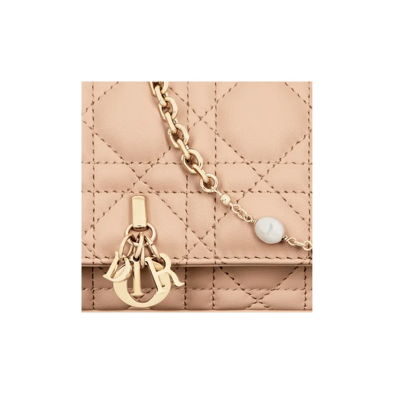 DIOR Lady Dior Wicker Pattern Sheepskin Handheld Crossbody One Shoulder Cell Phone Pouch Women's Sand Pink-5