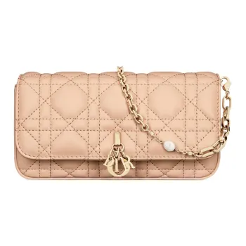 DIOR Lady Dior Wicker Pattern Sheepskin Handheld Crossbody One Shoulder Cell Phone Pouch Women's Sand Pink