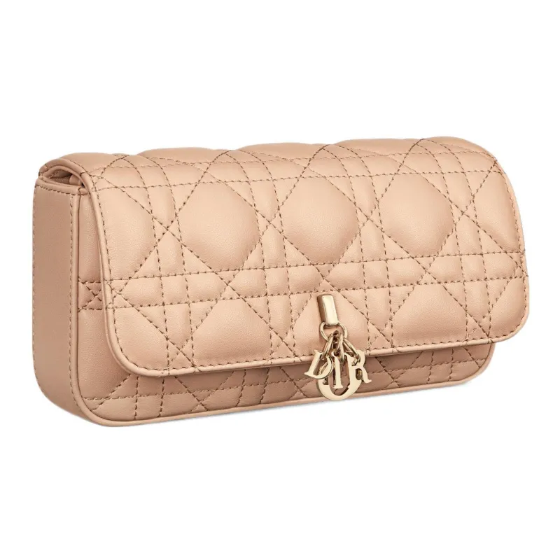 DIOR Lady Dior Wicker Pattern Sheepskin Handheld Crossbody One Shoulder Cell Phone Pouch Women's Sand Pink-2