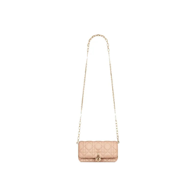 DIOR Lady Dior Wicker Pattern Sheepskin Handheld Crossbody One Shoulder Cell Phone Pouch Women's Sand Pink-1