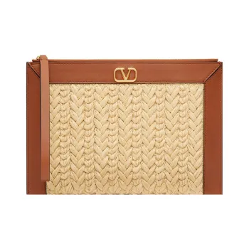 Valentino Vlogo Grass And Leather Trim Clutch Regular Women's Beige/Brown