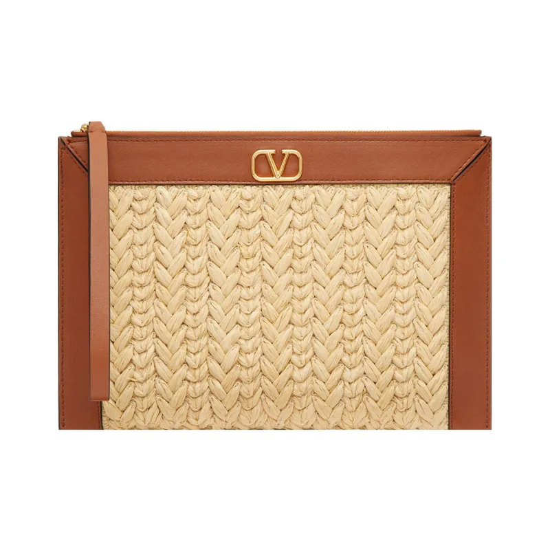 Valentino Vlogo Grass And Leather Trim Clutch Regular Women's Beige/Brown-0