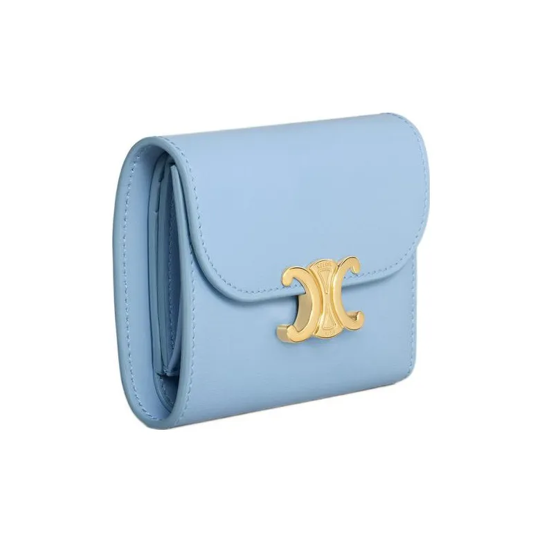 CELINE Triomphe Shiny Cow Leather Wallet Small Size Women's Sky Blue-1