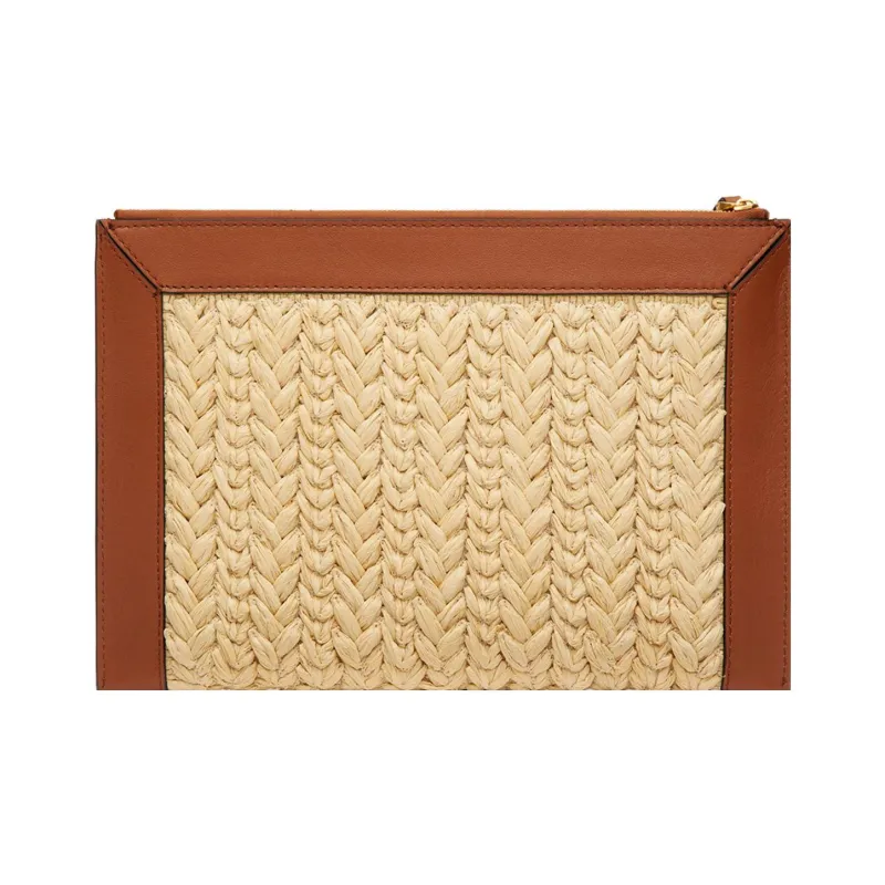 Valentino Vlogo Grass And Leather Trim Clutch Regular Women's Beige/Brown-3