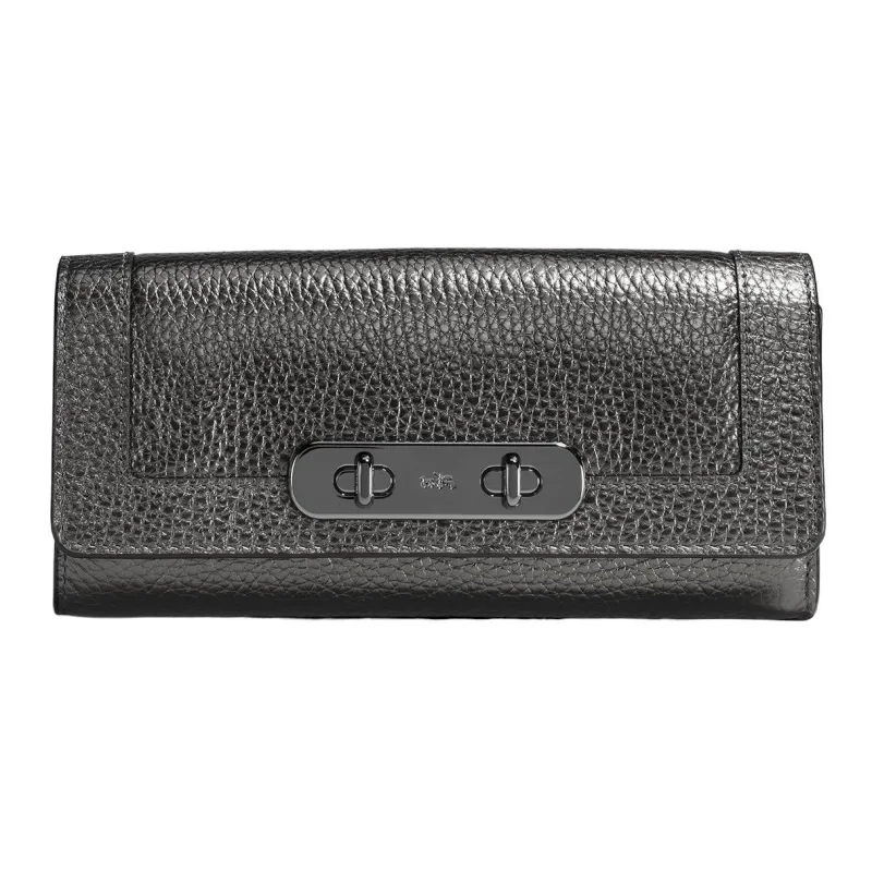 COACH Swagger Pebbled Leather Long Zip Closure Snap Closure Wallet Small Size Women's Gray-0
