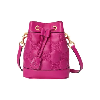 GUCCI GG Matelassé Leather Drawstring Bucket Bag Shoulder Bag Crossbody Bag Mini Women's Fuchsia