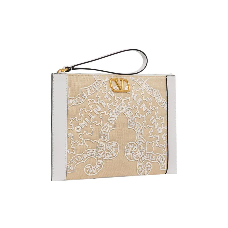 Valentino Vlogo Embroidered Grass And Leather Trim Patchwork Clutch Women's Beige/White-1