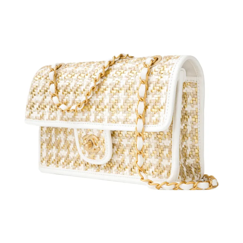 CHANEL 23C Early Spring Lambskin Flap Bag, Crossbody Bag, Shoulder Bag Medium Size Women's Gold & White-1