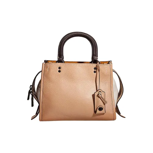 COACH Rogue Glove Tanned Pebbled Leather Handbag Medium Size Women's Beech Wood Color With Dark Brown Accents