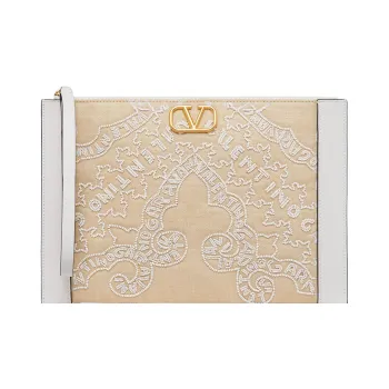 Valentino Vlogo Embroidered Grass And Leather Trim Patchwork Clutch Women's Beige/White