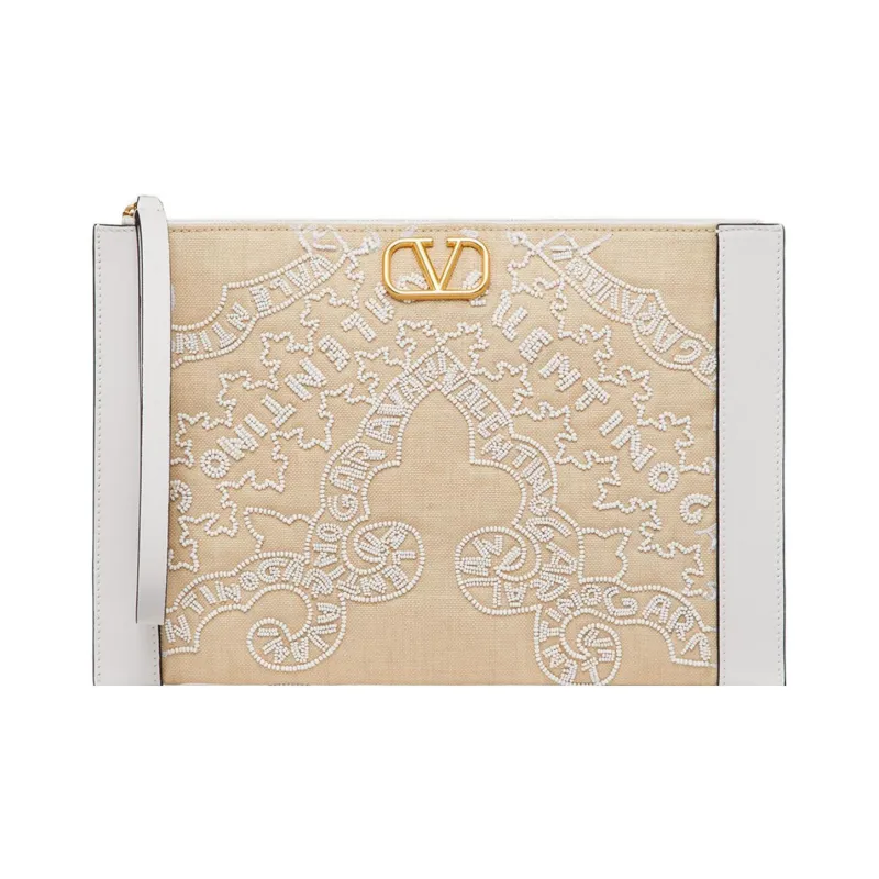 Valentino Vlogo Embroidered Grass And Leather Trim Patchwork Clutch Women's Beige/White-0