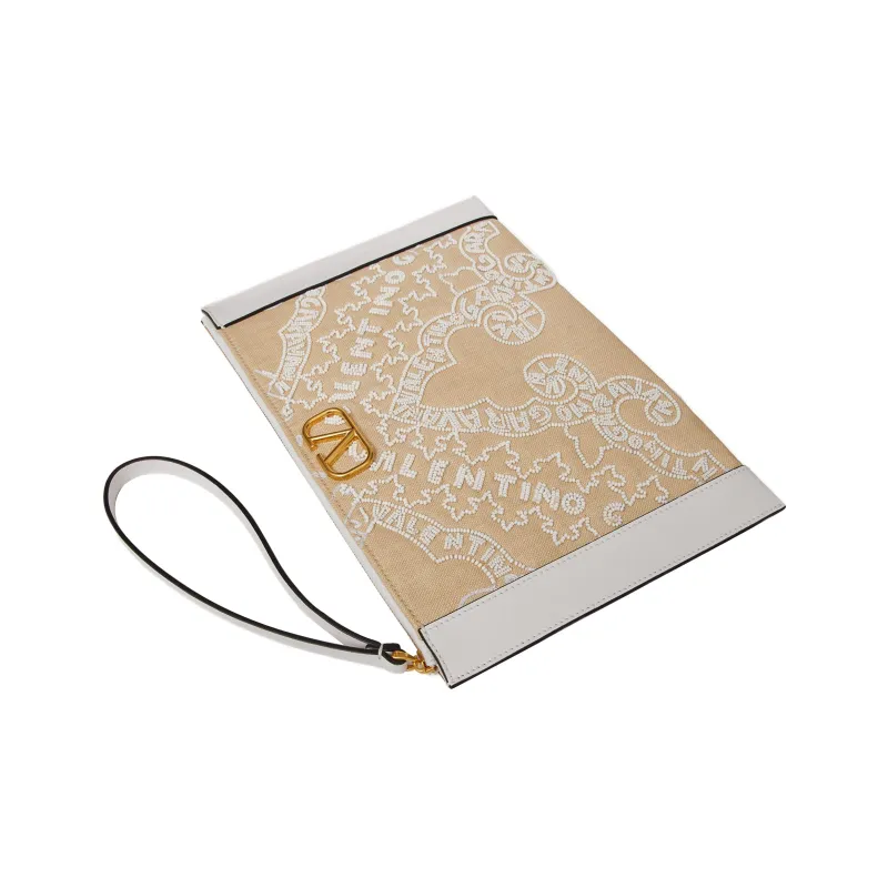 Valentino Vlogo Embroidered Grass And Leather Trim Patchwork Clutch Women's Beige/White-4