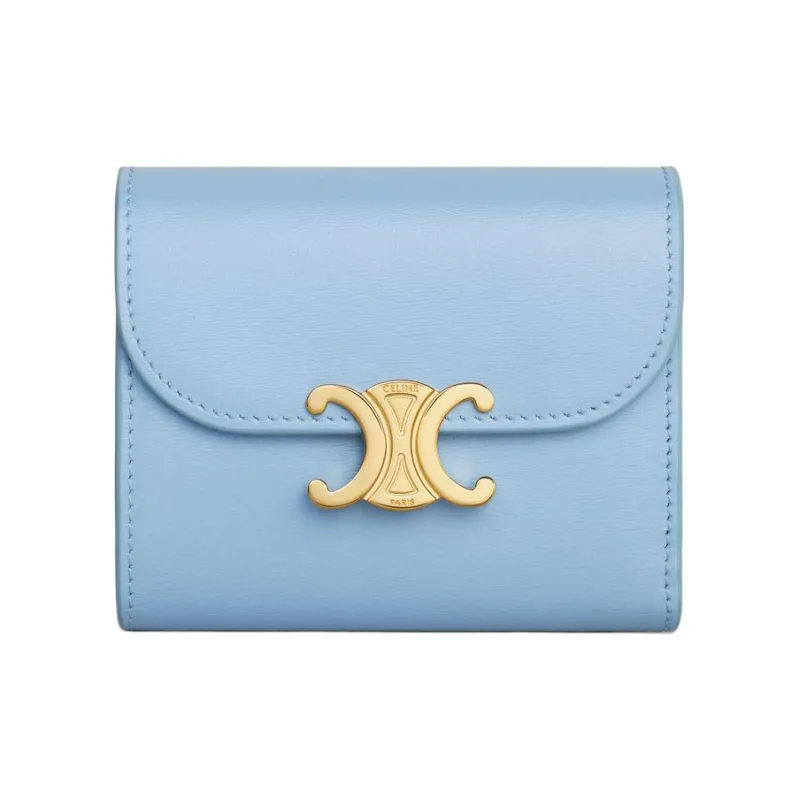 CELINE Triomphe Shiny Cow Leather Wallet Small Size Women's Sky Blue-0