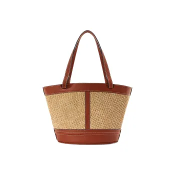Staud Raffia With Calfskin Tote Bag Shopping Bag Handbag Shoulder Bag Women's Natural Tan