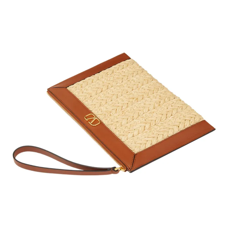 Valentino Vlogo Grass And Leather Trim Clutch Regular Women's Beige/Brown-4