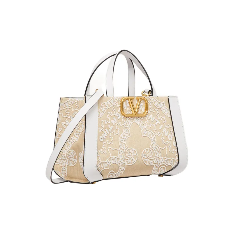 Valentino Vlogo Embroidery With Grass And Leather Trim Shoulder Bag, Crossbody Bag, Handbag Trumpets Women's White-1