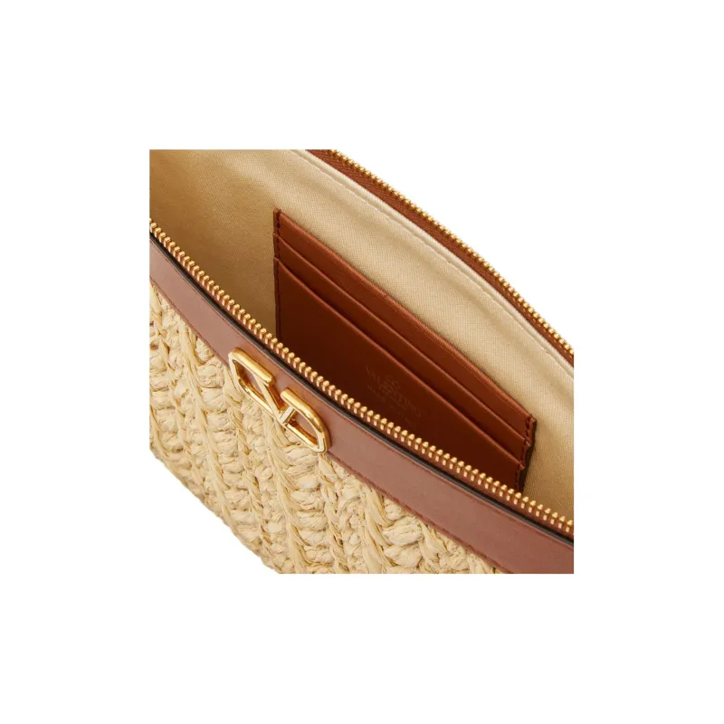 Valentino Vlogo Grass And Leather Trim Clutch Regular Women's Beige/Brown-5