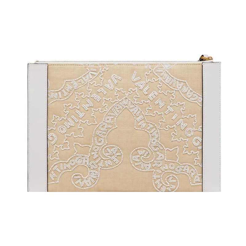 Valentino Vlogo Embroidered Grass And Leather Trim Patchwork Clutch Women's Beige/White-3