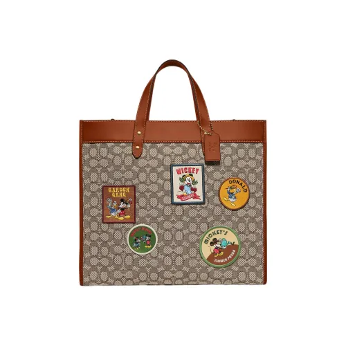 COACH Disney Collaboration Field Iconic Fabric Jacquard And Glove Tanned Leather Handbag Large Size Women's Brown