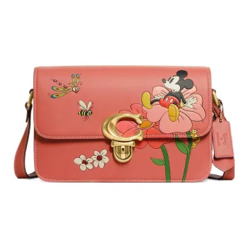 COACH Disney Collaboration Studio Leather One Shoulder Closure Crossbody Bag Medium Size Women's Coral Red