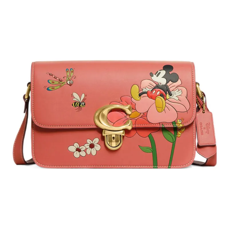 COACH Disney Collaboration Studio Leather One Shoulder Closure Crossbody Bag Medium Size Women's Coral Red-0