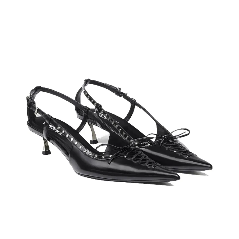 VERSACE Slim Heel Mid Low Heel Shoes Women's Black-2