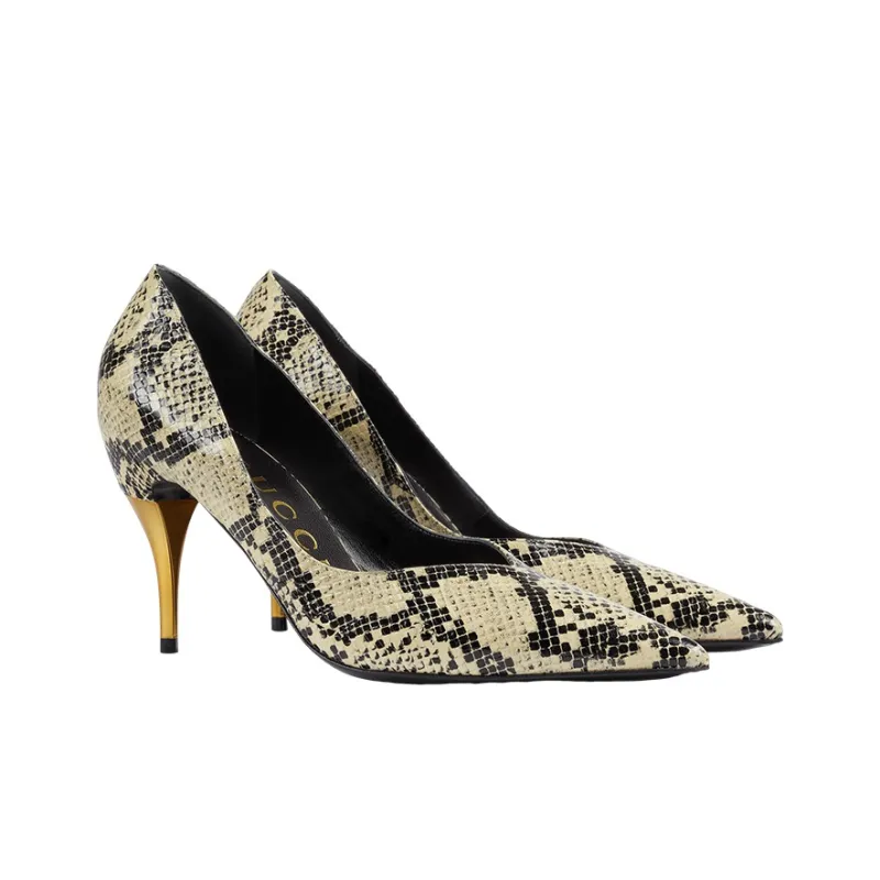 GUCCI Slim Heel Medium Heel Shoes Women's Beige Black-2