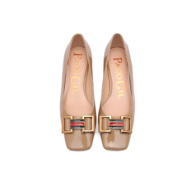 PACO GIL Block Heel High Heels 3.5cm Women's Apricot-2