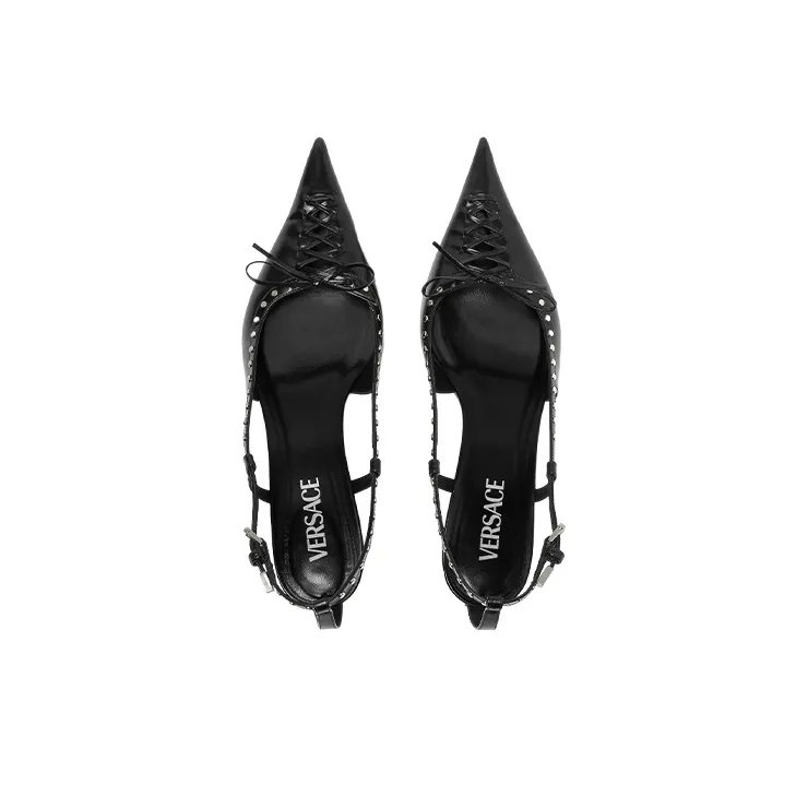 VERSACE Slim Heel Mid Low Heel Shoes Women's Black-3