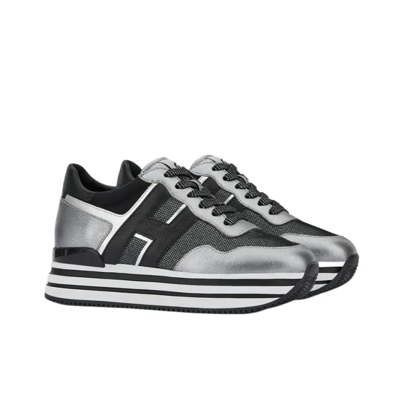 HOGAN H222 Mid Top Platform Shoes Women's Black Silver-1