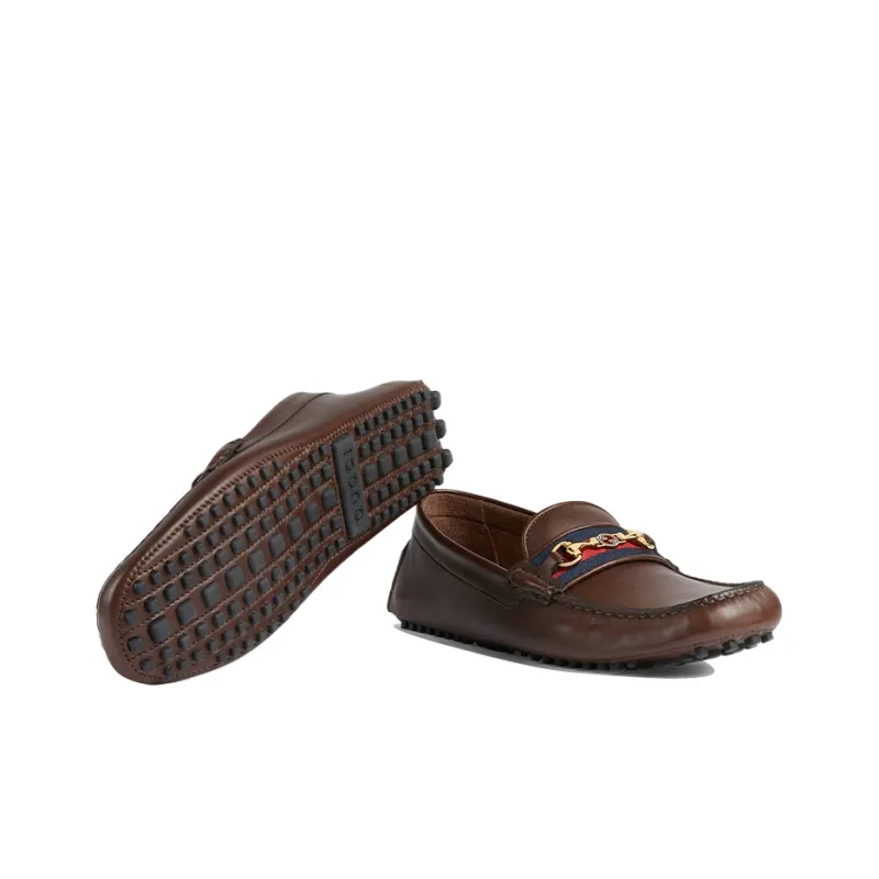 GUCCI Ayrton Webbing Trimmed Horsebit Leather Driver Loafers Brown-4