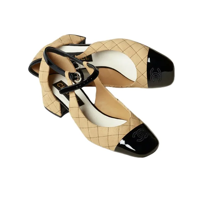 CHANEL Chunky Heel Mary Jane Shoes Women's Beige-2