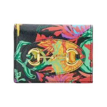 GUCCI Cow Leather Card Holder Wallet Women's Black/Multicolor