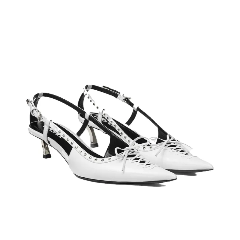 VERSACE Slim Heel Mid Low Heel Shoes Women's White-2