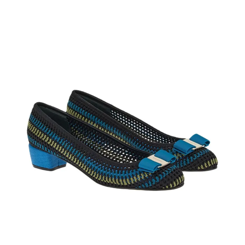 FERRAGAMO Vara Chunky Heel Mid-Low Heel Mary Jane Shoes Women's Black Blue-1