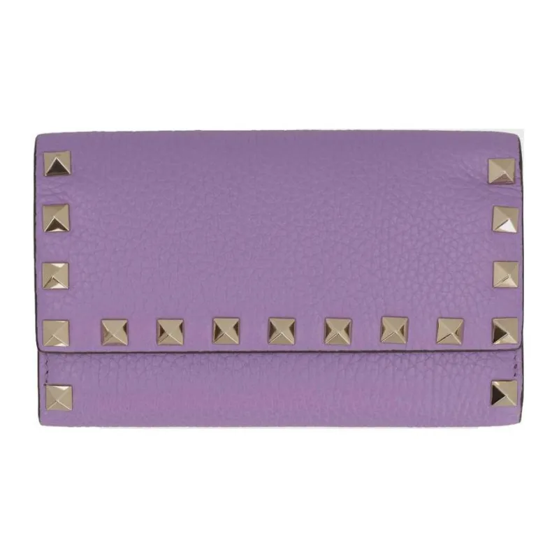 Valentino Rockstud Textured Leather Wallet Women's Purple-0