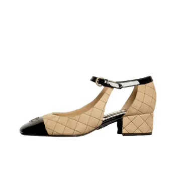CHANEL Chunky Heel Mary Jane Shoes Women's Beige